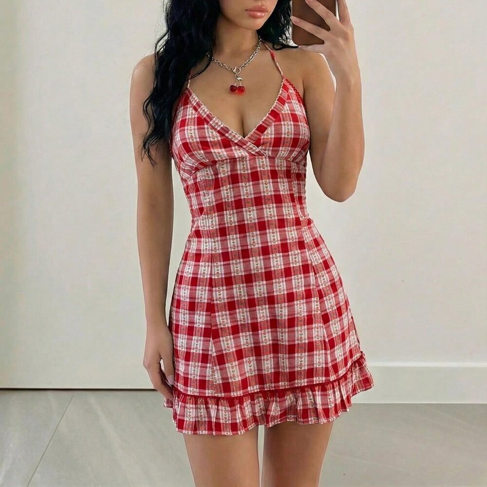 Red Sexy Women's Plaid Ruffle Hem Halter Mini Dress